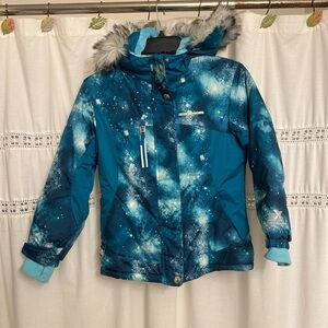 ZeroXposur Teal and White Puffer Jacket with Faux Fur Hooded, for kids Small